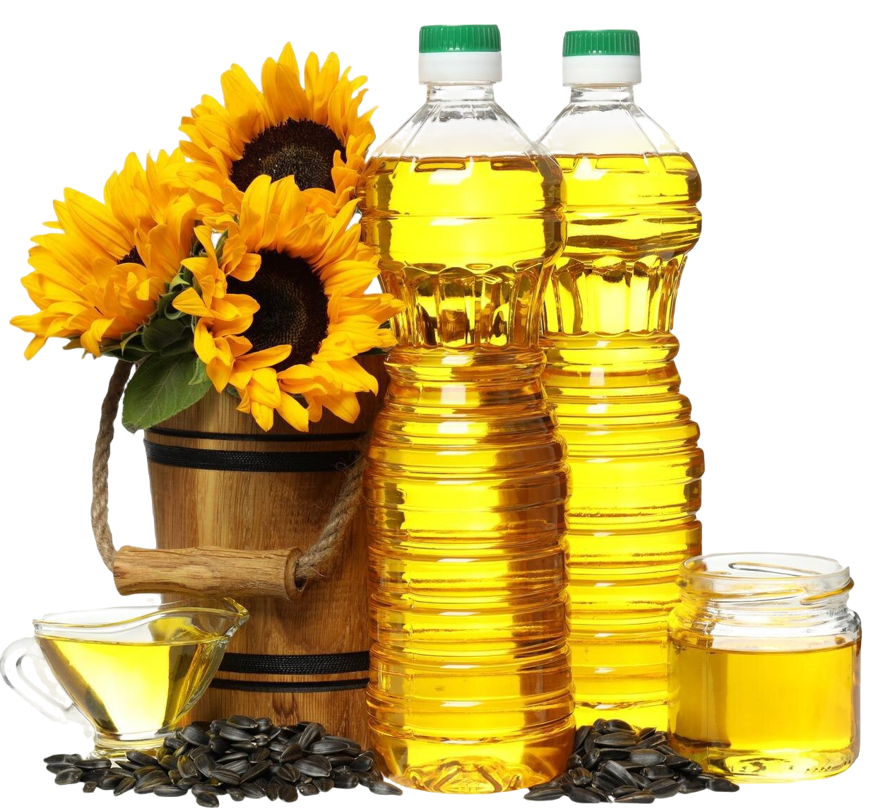 png-oil-jars-bottles-seeds-sunflowers-wooden-bucket-isolated-white-background